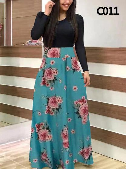 Women's Elegant Floral Maxi Dress - Retro Printed Long Sleeve Banquet Gown | S-5XL - BOC-WEAR