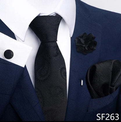 Luxury Men's Floral Tie Set - Black Gold Paisley Necktie with Pocket Square, Cufflinks & Brooch - BOC-WEAR