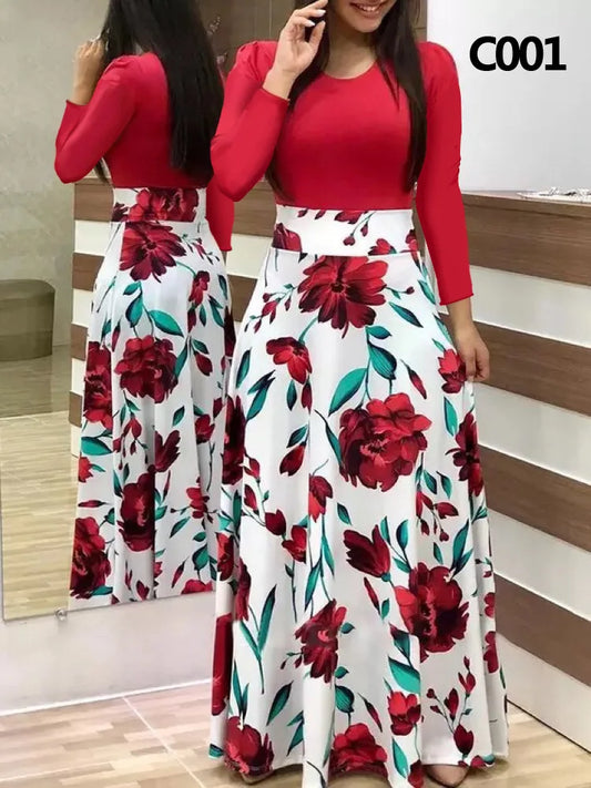 Women's Elegant Floral Maxi Dress - Retro Printed Long Sleeve Banquet Gown | S-5XL - BOC-WEAR