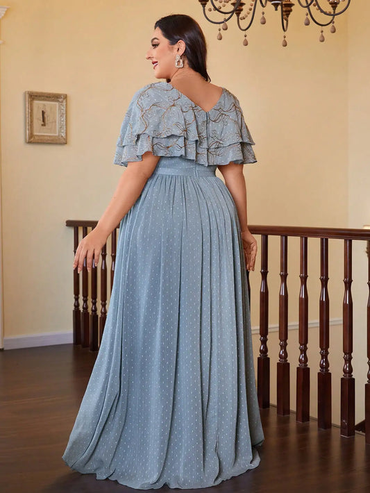 V-neck, double-layered shawl sleeves, chiffon, gold thread embroidery, large hem, bright silk long dress