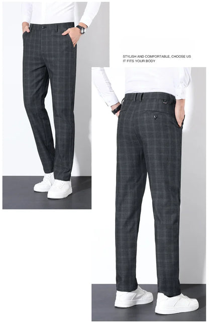 Autumn Winter Men's Plaid Striped Suit Pants Cotton Stretch Straight Business Casual High Quality Classic Fashion Trousers Male