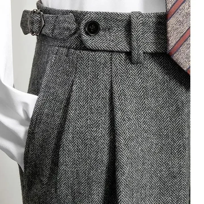 2025 Men's Autumn Winter Fashion High Waist Wool Trousers Male Tweed Casual Pockets Pants Men Long Straight Suit Pants