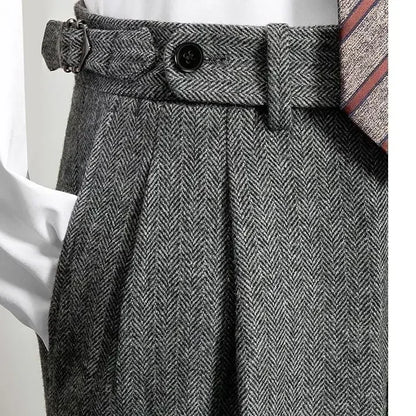 2025 Men's Autumn Winter Fashion High Waist Wool Trousers Male Tweed Casual Pockets Pants Men Long Straight Suit Pants