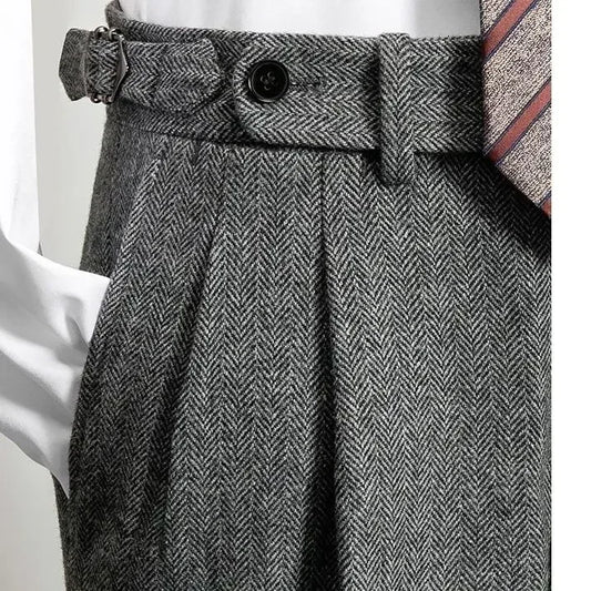 2025 Men's Autumn Winter Fashion High Waist Wool Trousers Male Tweed Casual Pockets Pants Men Long Straight Suit Pants