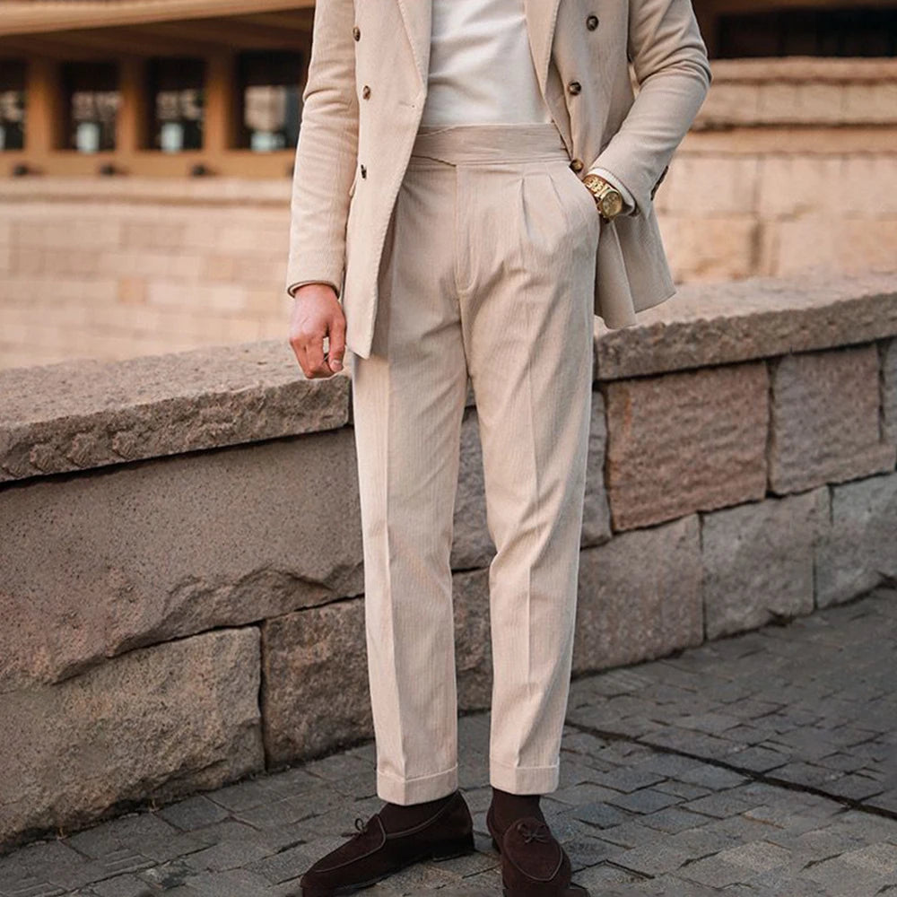 Mens Gurkha Trousers Corduroy Side Buckle Adjustable Waist Casual Suit Pants Autumn Business All-Match Straight Pants Men'S Wear