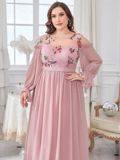 Plus Size Embroidered Chiffon Long Sleeve Dress