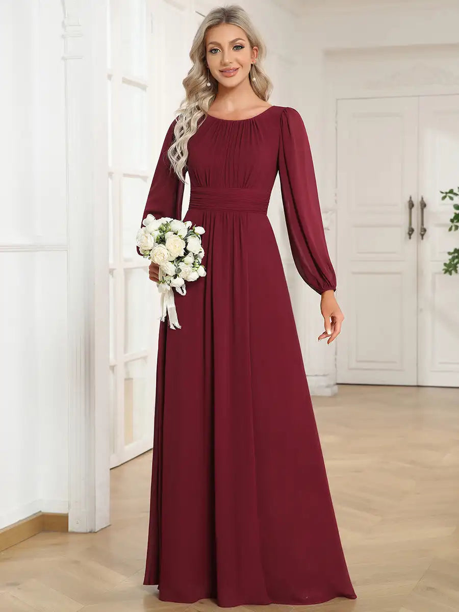 JAEL Classic Evening Dress - Round Neck A-Line Bridesmaid Dress with Lantern Sleeves