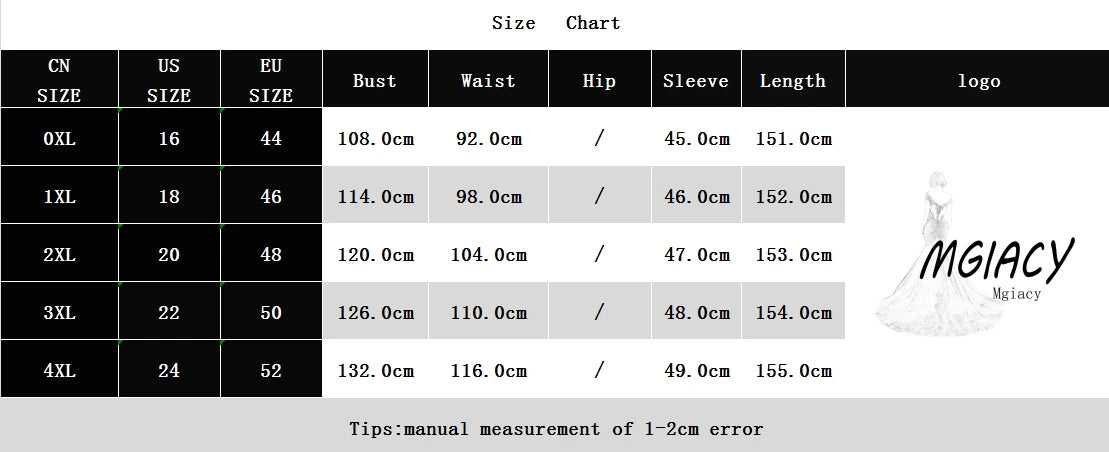 Size chart for clothing with measurements in centimeters, featuring the brand 'MGIACY'.