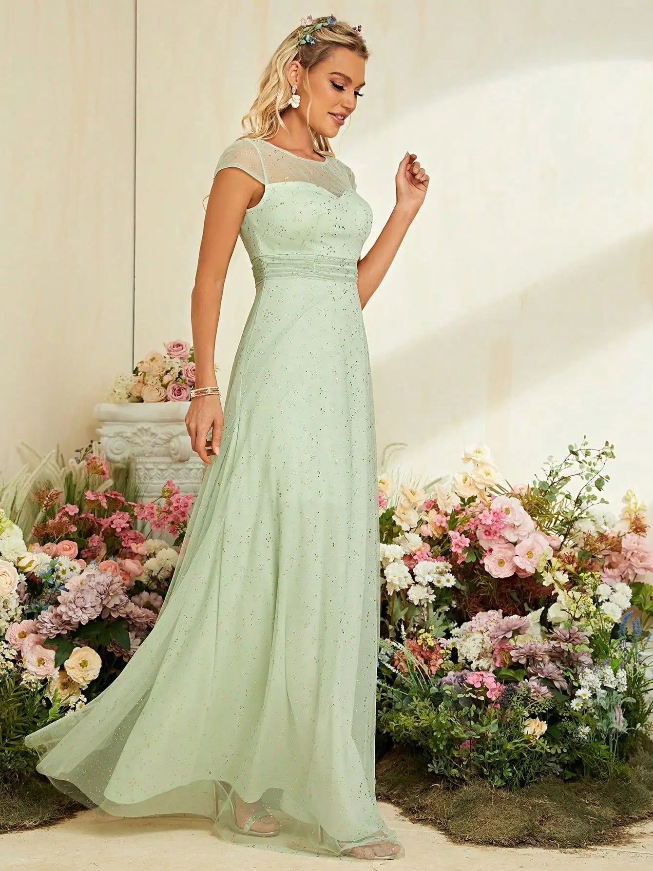 Gold Mesh Short Sleeve Evening Gown