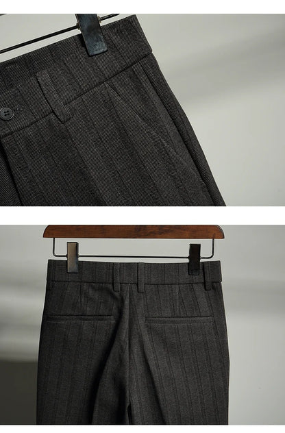 Autumn Winter Thickened Woolen Suit Pant High Quality Men Business Slim Striped Trousers Formal Wear Office Social Dress Pants