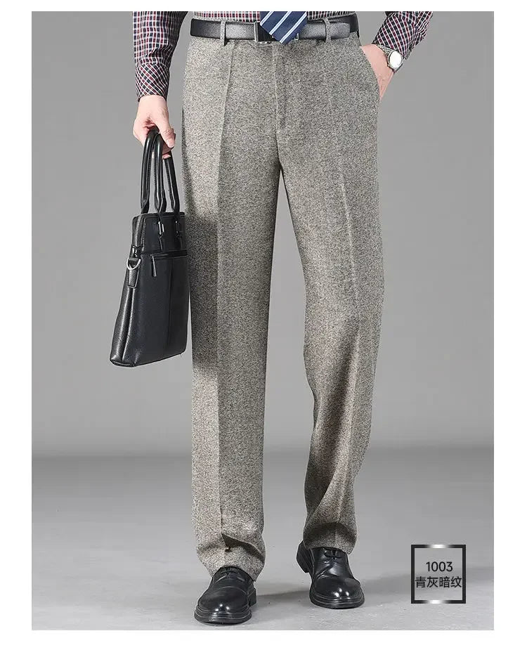 Vintage Autumn Winter Thicken Wool Fleece Suit Pants Men Middle Age High Waist Straight Loose Business Casual Straight Trousers