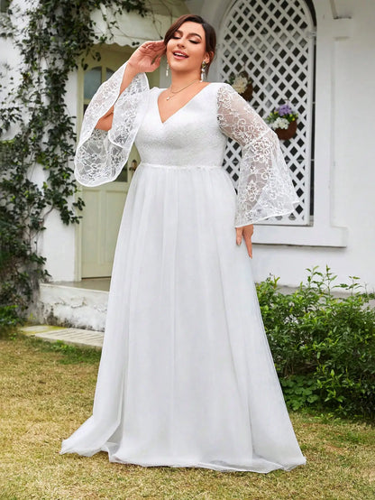 V-Neck Lace Mesh A-Line Wedding Dress