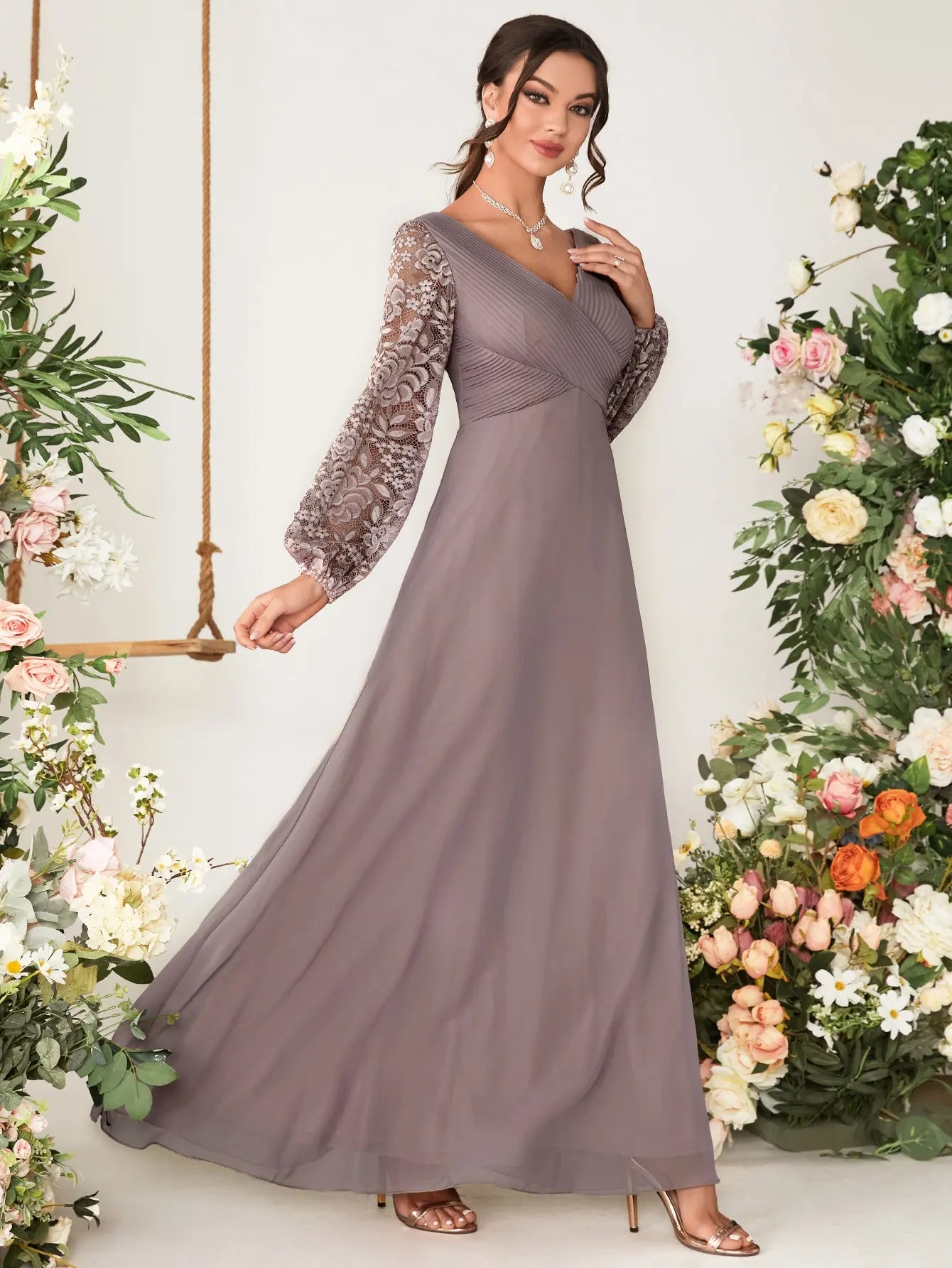 V-Neck Lace Lantern Sleeve Chiffon Dress