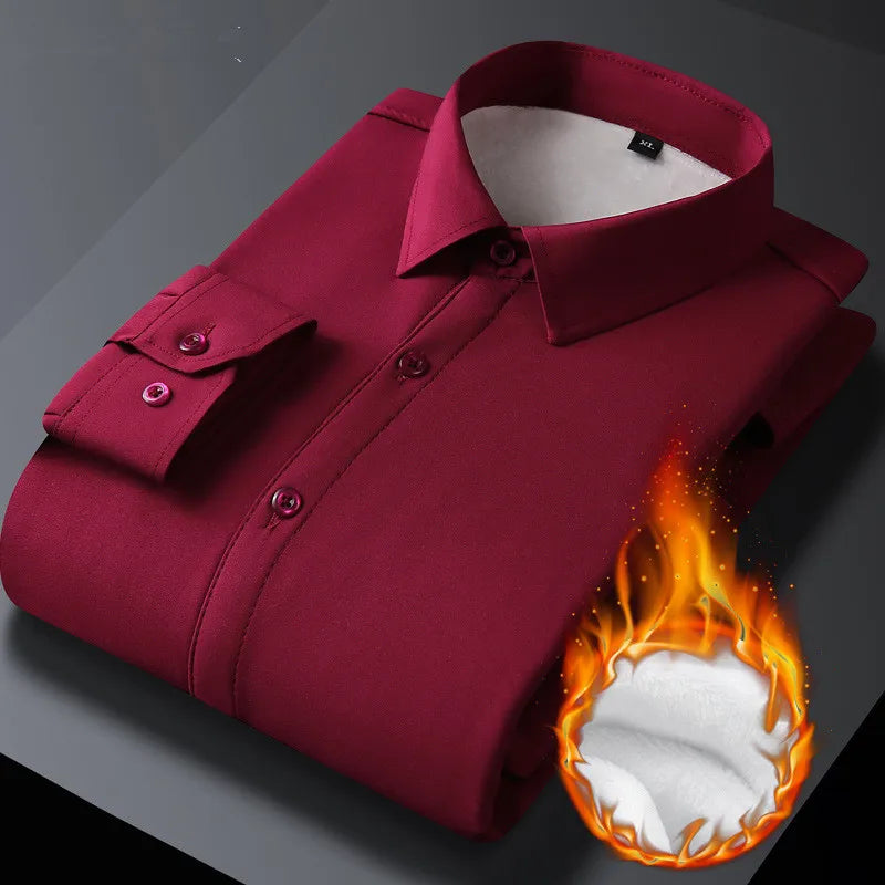 2025 Men's Autumn Winter Long Sleeve Shirts White Warm Fleece Stretch Shirt Formal Business Office Wear Dress Shirts Male M-5XL - BOC-WEAR