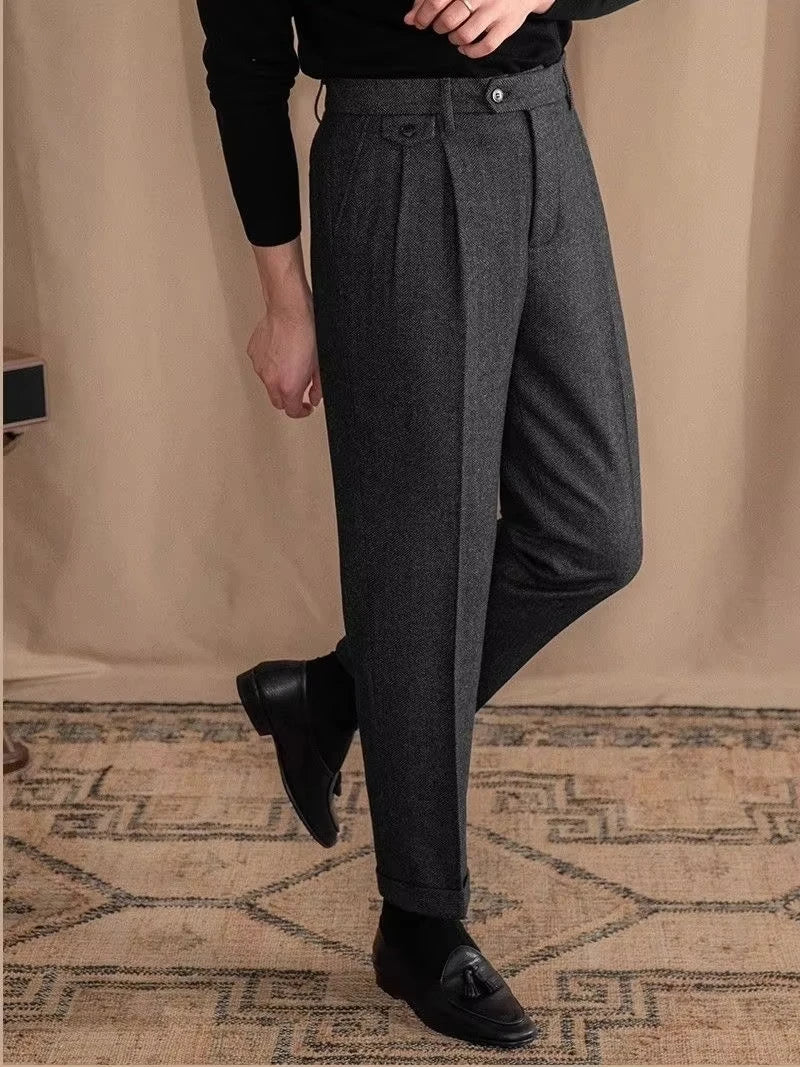 Men's Italian Wool Herringbone Suit Trousers - Vintage British Style Dress Pants