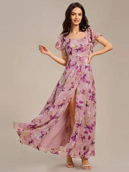 Elegant Evening Dress Short Sleeve Ruffle Backless Floor Length 2025 Ever Pretty of A-Line Light purple printFormal Dresses