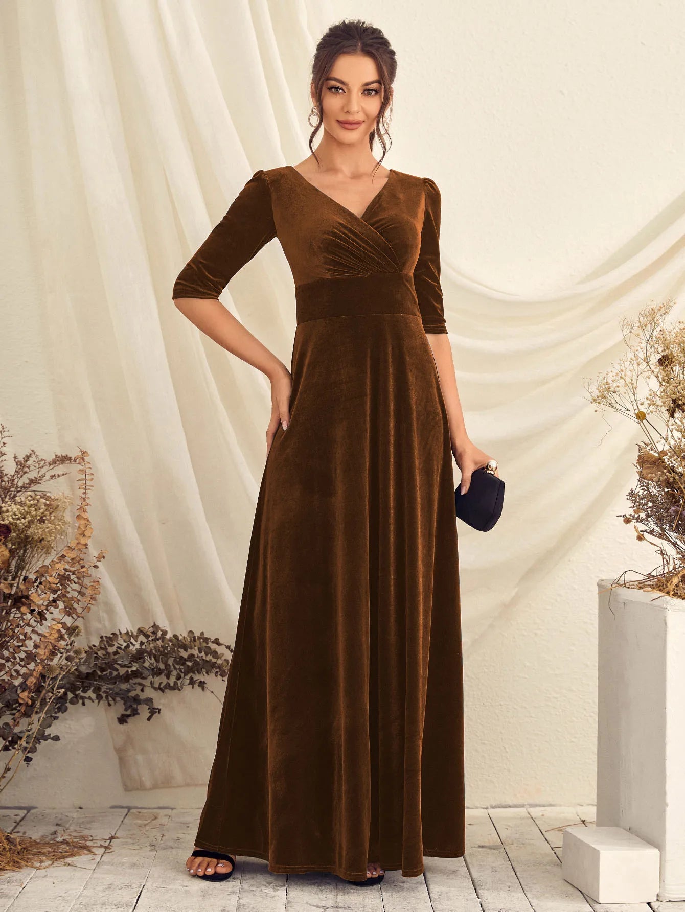 Mgiacy V-neck half-sleeve woven plush cross-ruffled evening ball dress Party dress Bridesmaid dress