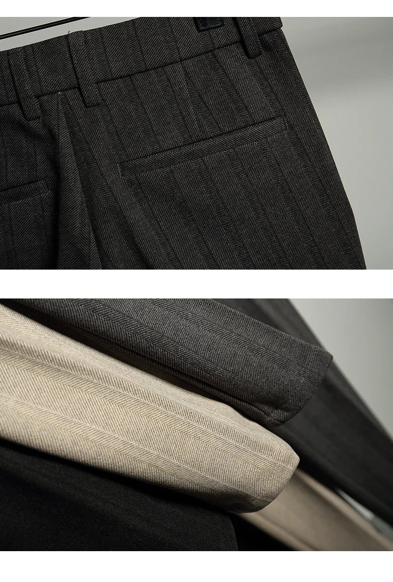 Autumn Winter Thickened Woolen Suit Pant High Quality Men Business Slim Striped Trousers Formal Wear Office Social Dress Pants