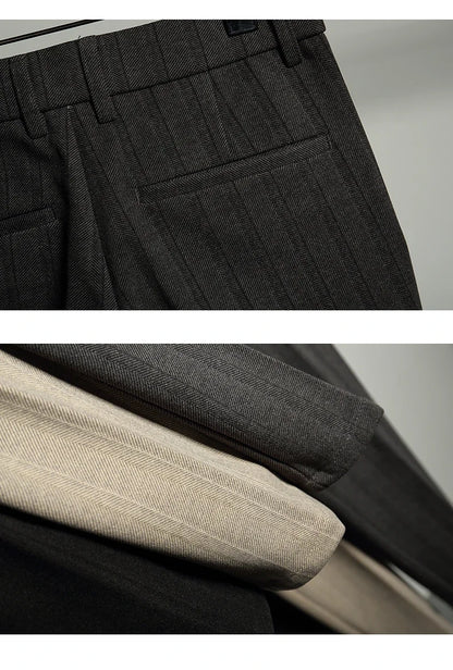 Autumn Winter Thickened Woolen Suit Pant High Quality Men Business Slim Striped Trousers Formal Wear Office Social Dress Pants