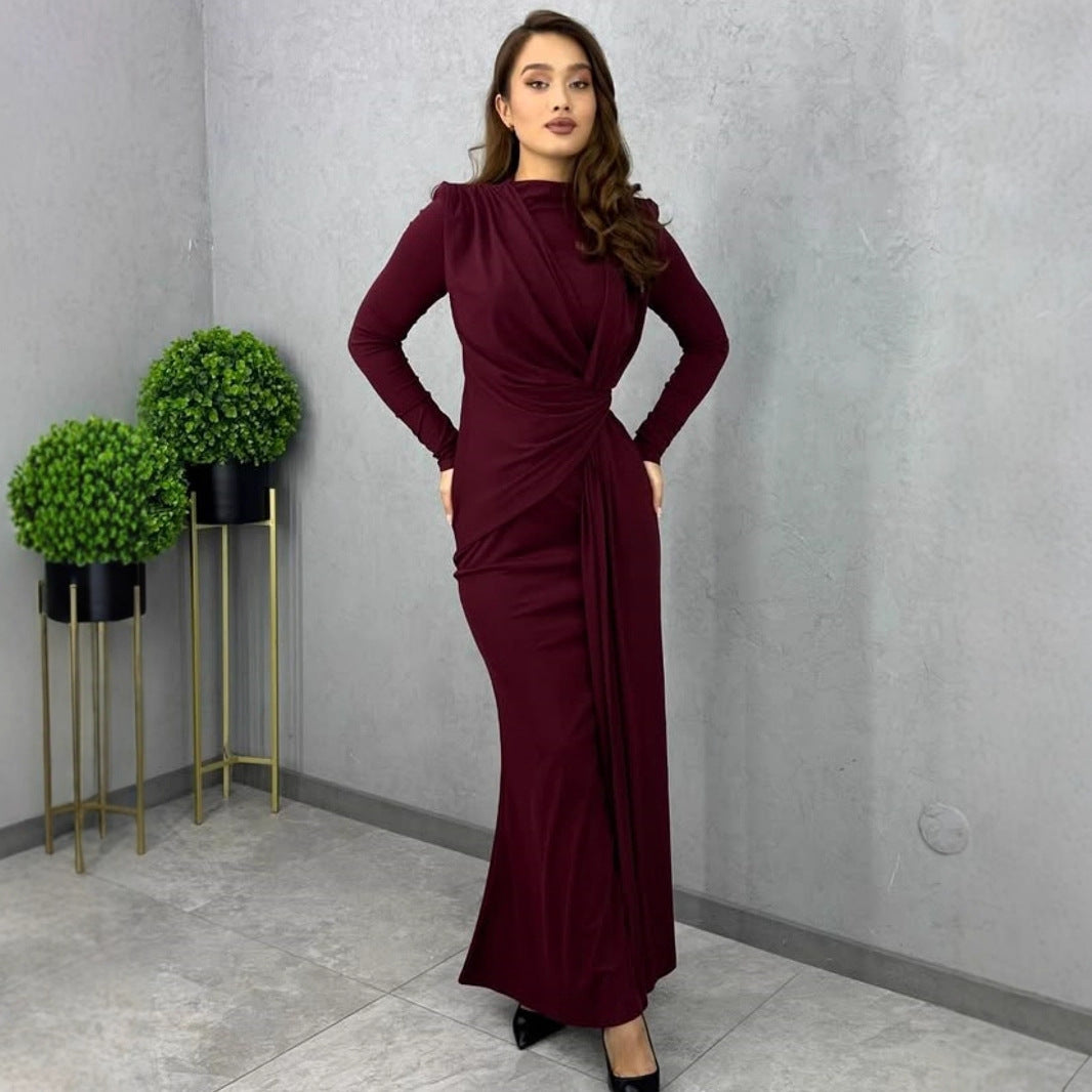 Long Sleeve Fitted Waist Pleated Slim-fit Long Dress