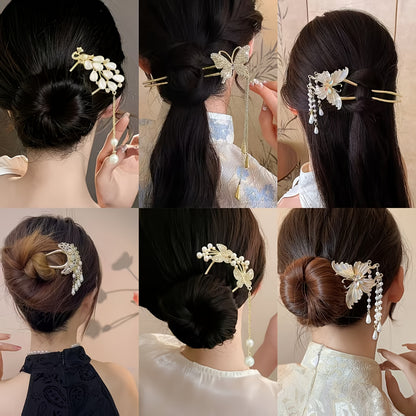 Collage of a woman with decorative hairpins in her hair against a neutral background.