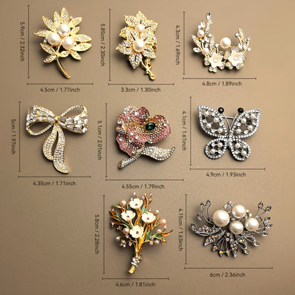 8pcs Flower Brooch Set - Multicolor Gemstone & Pearl Rhinestone Pins