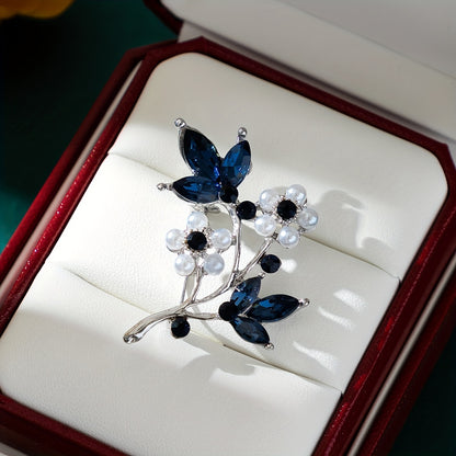 Elegant Leaf Brooch - Deep Blue Rhinestone KC Golden Plated Pin