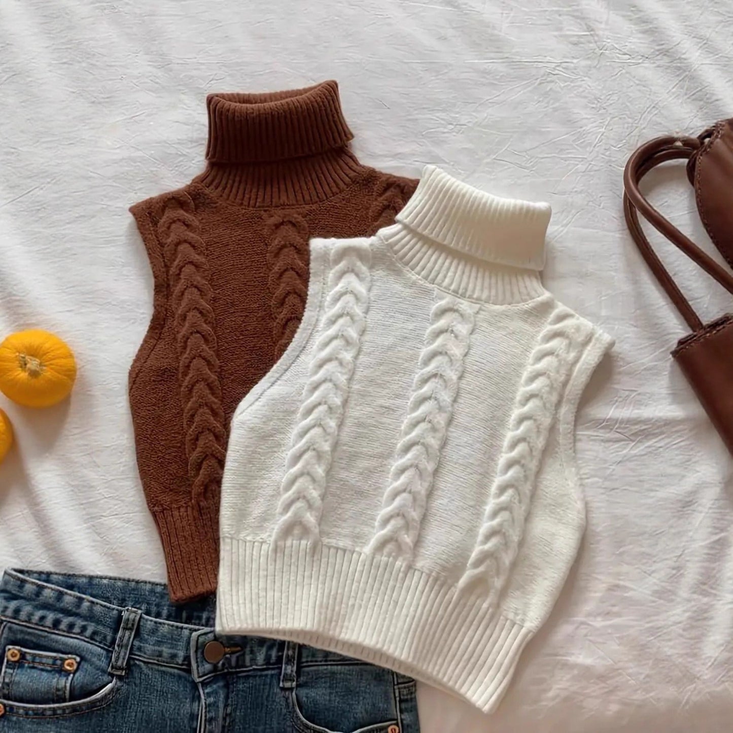 BOC-WEAR Cable-Knit Turtleneck Sweater Vest - Women's Sleeveless Knit Top - BOC-WEAR