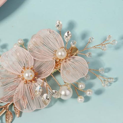 Rose Gold Wedding Hair Clip - Rhinestone Bridal Hairpiece with Leaf & Flower