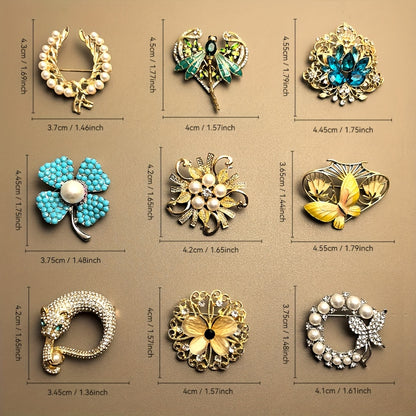 Collection of decorative brooches with measurements on a beige background