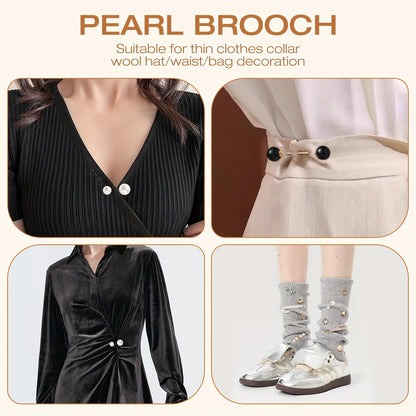 Pearl brooches used on clothing and accessories with text indicating their use.