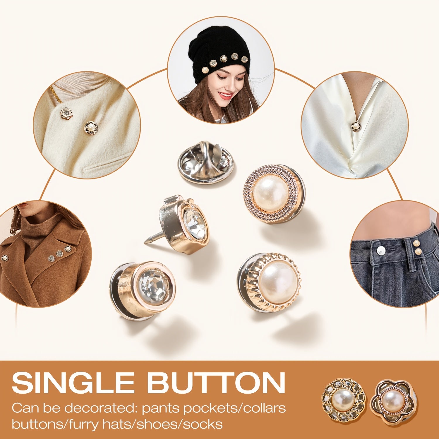 Collection of decorative buttons on a white background with examples of their use.
