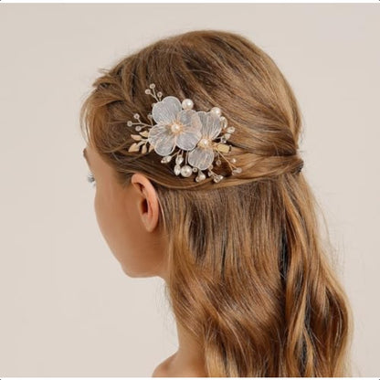 Rose Gold Wedding Hair Clip - Rhinestone Bridal Hairpiece with Leaf & Flower