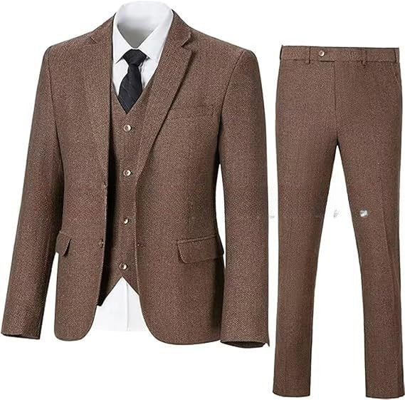 Men's Herringbone Pattern Slim Three Pieces Work Suit - BOC-WEAR