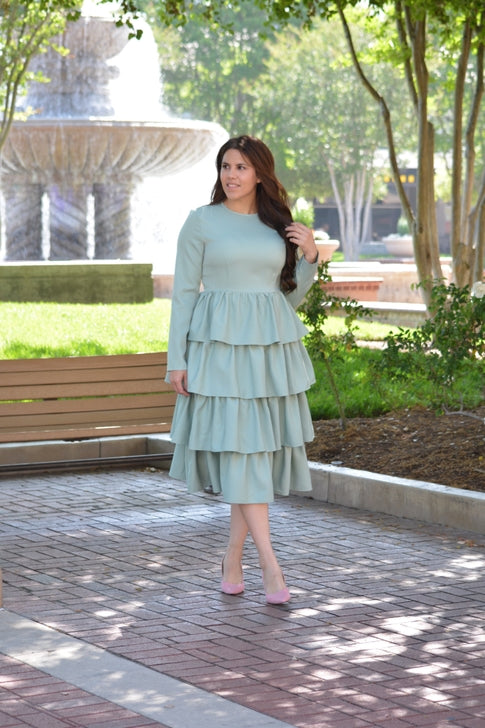 BOC-WEAR Amalfi Sage Ruffled Dress - Elegant Long Sleeve Dress for Weddings & Church - BOC-WEAR