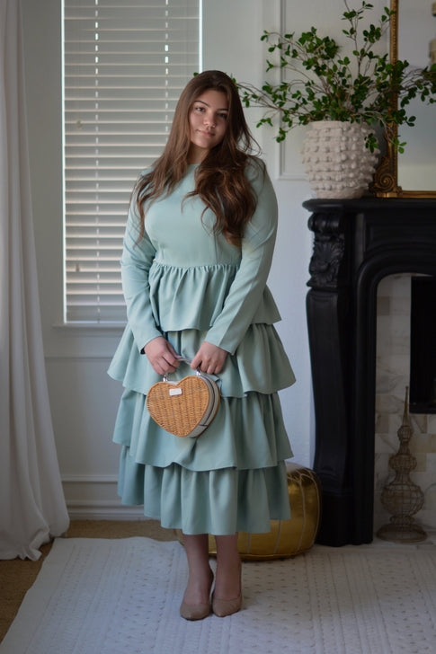 BOC-WEAR Amalfi Sage Ruffled Dress - Elegant Long Sleeve Dress for Weddings & Church - BOC-WEAR